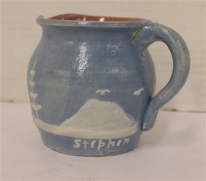 Light Blue Cameo Pottery Creamer  - Covered Wagon Scene - Cameo Stephen Long Pines - Arden, NC on Bottom - Cream Pitcher is 3 1/4 Tall 3 Across 