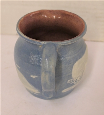 Light Blue Cameo Pottery Creamer  - Covered Wagon Scene - Cameo Stephen Long Pines - Arden, NC on Bottom - Cream Pitcher is 3 1/4 Tall 3 Across 