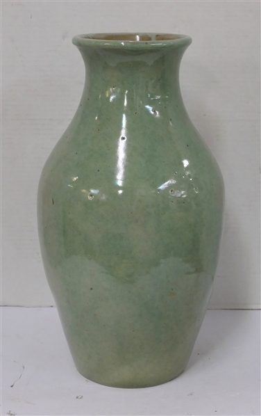 Hand Made Large Pottery Vase with Light Green Glaze - Heavy Vessel - Vase is 16" Tall