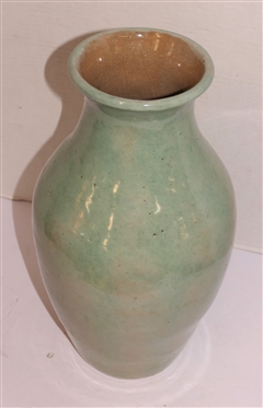 Hand Made Large Pottery Vase with Light Green Glaze - Heavy Vessel - Vase is 16 Tall