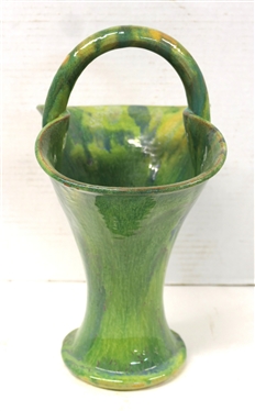 Unsigned Cole Family North Carolina Pottery Basket - Green Variegated Glaze - Basket is 9 Tall Not Including Handle - Some Minor Flakes Along Outer Edge of Basket