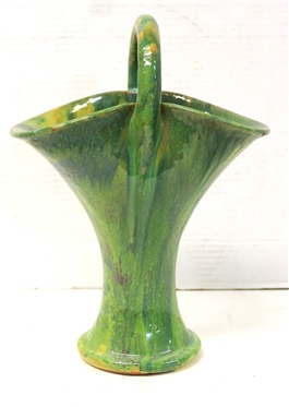 Unsigned Cole Family North Carolina Pottery Basket - Green Variegated Glaze - Basket is 9 Tall Not Including Handle - Some Minor Flakes Along Outer Edge of Basket