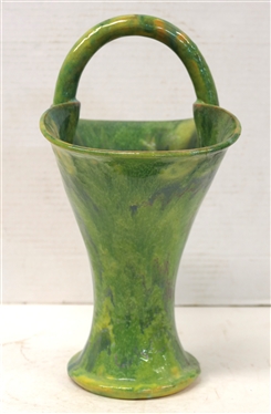Unsigned Cole Family North Carolina Pottery Basket - Green Variegated Glaze - Basket is 9 Tall Not Including Handle - Some Minor Flakes Along Outer Edge of Basket