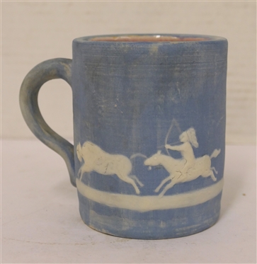 Light Blue Cameo Mug  with Running Buffalo and Indian with Bow - Dated 1959 - By Stephen - Long Pines - Arden, NC - Mug is 3 1/2" Tall 