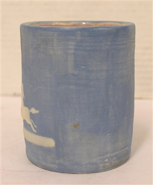 Light Blue Cameo Mug  with Running Buffalo and Indian with Bow - Dated 1959 - By Stephen - Long Pines - Arden, NC - Mug is 3 1/2 Tall 