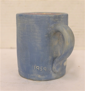 Light Blue Cameo Mug  with Running Buffalo and Indian with Bow - Dated 1959 - By Stephen - Long Pines - Arden, NC - Mug is 3 1/2 Tall 