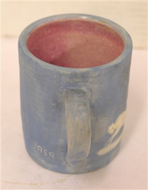 Light Blue Cameo Mug  with Running Buffalo and Indian with Bow - Dated 1959 - By Stephen - Long Pines - Arden, NC - Mug is 3 1/2 Tall 