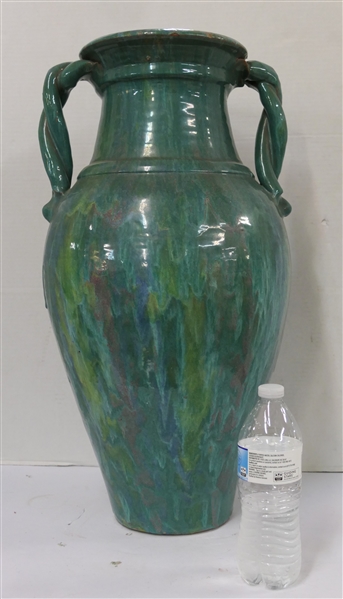 Rainbow / Cole North Carolina Pottery Floor Vase - Large Vase with Turquoise, Blue, Green, and Purple Glaze - Double Braided Handles - Attributed To A.R. Cole - Vase is 23" Tall - Not Marked 