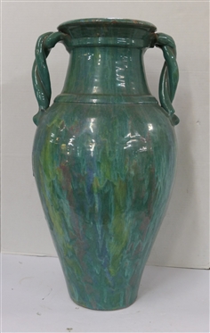 Rainbow / Cole North Carolina Pottery Floor Vase - Large Vase with Turquoise, Blue, Green, and Purple Glaze - Double Braided Handles - Attributed To A.R. Cole - Vase is 23 Tall - Not Marked 