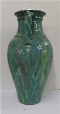 Rainbow / Cole North Carolina Pottery Floor Vase - Large Vase with Turquoise, Blue, Green, and Purple Glaze - Double Braided Handles - Attributed To A.R. Cole - Vase is 23 Tall - Not Marked 