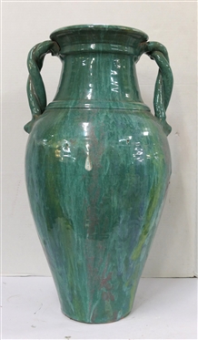 Rainbow / Cole North Carolina Pottery Floor Vase - Large Vase with Turquoise, Blue, Green, and Purple Glaze - Double Braided Handles - Attributed To A.R. Cole - Vase is 23 Tall - Not Marked 