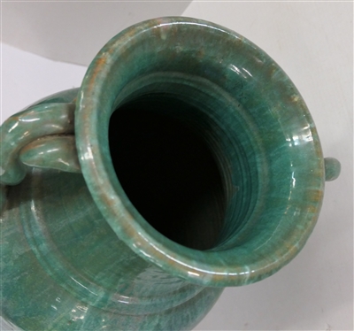 Rainbow / Cole North Carolina Pottery Floor Vase - Large Vase with Turquoise, Blue, Green, and Purple Glaze - Double Braided Handles - Attributed To A.R. Cole - Vase is 23 Tall - Not Marked 
