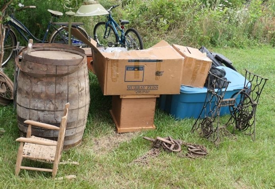 Woode Barrel, Sewing Machine Base, Child''s Rocking Chair