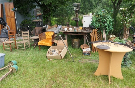 Antique Ladder Back Chairs, Mid Century Barrel Back Chair, Brass Planter, Misc. Furniture