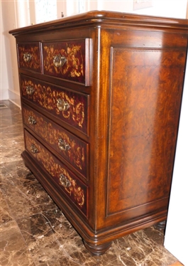 Very Nice Maitland Smith 5 Drawer Chest - Floral Drawer Fronts - Embossed Burl Top and Ends - Substantial Brass Pulls - Chest is 37 Tall 43 by 21 - Brass Tag in Top Drawer 