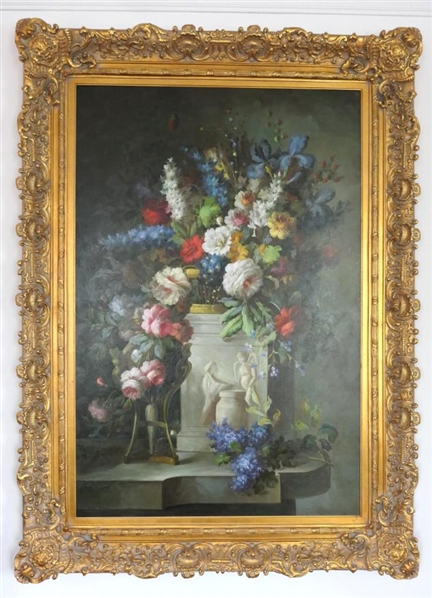 HUGE Maitland Smith? Floral Print on Canvas in Outstanding Orante Gold Gilt Frame - Frame is 74" by 54" Interior is 59" by 39"