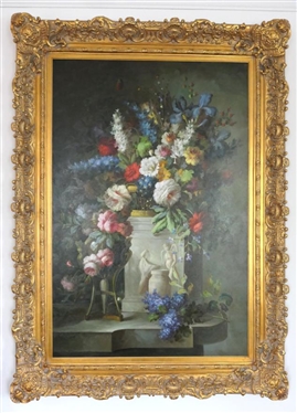 HUGE Maitland Smith? Floral Print on Canvas in Outstanding Orante Gold Gilt Frame - Frame is 74" by 54" Interior is 59" by 39"