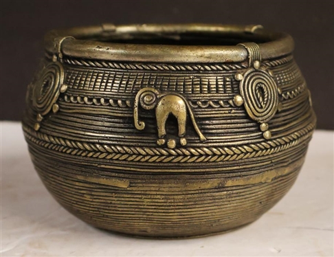 Dhokra Metal Bowl - Rice Measure Bowl - Hand Crafted Indian Metal Art - Bowl is 3 1/2 Tall 5 Wide 