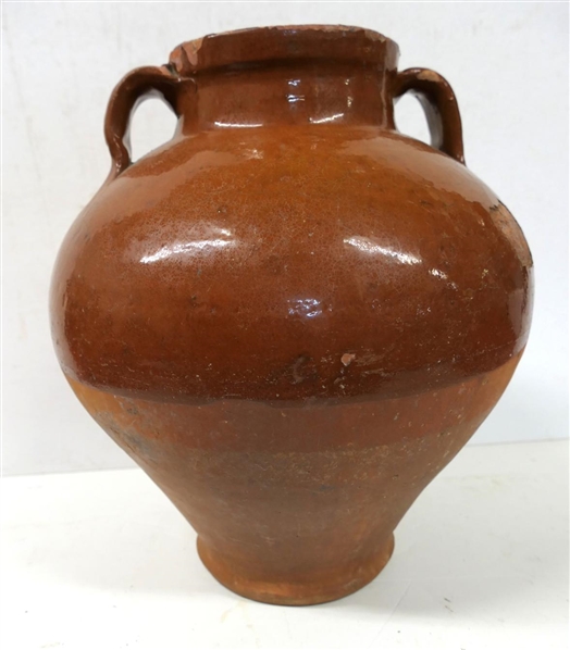 D El - Farag Terracotta Storage Jar / Urn - "Products Geramoues D El Farag" - Glazed Top and Interior - Double "Ear" Handles - 14" Tall 