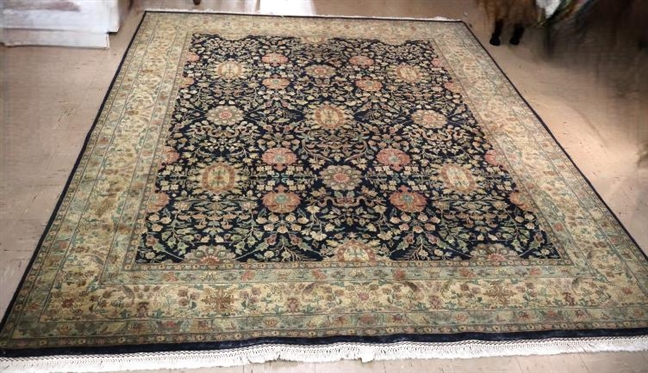 Beautiful Hand Knotted Persian Tabriz Rug - Black Background with Gold, Green and Rust Florals - Rug is 10" by 81" 