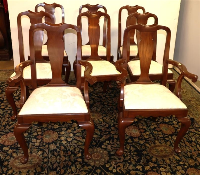 Set of 8 Henkel Harris Virginia Galleries Wild Black Cherry Dining Chairs - Queen Anne Style with Clean White Upholstered Seats - 6 Side Chairs and 2 Captains 