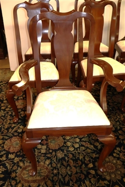 Set of 8 Henkel Harris Virginia Galleries Wild Black Cherry Dining Chairs - Queen Anne Style with Clean White Upholstered Seats - 6 Side Chairs and 2 Captains 