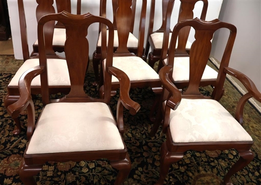 Set of 8 Henkel Harris Virginia Galleries Wild Black Cherry Dining Chairs - Queen Anne Style with Clean White Upholstered Seats - 6 Side Chairs and 2 Captains 