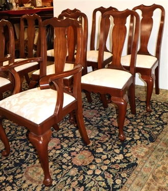 Set of 8 Henkel Harris Virginia Galleries Wild Black Cherry Dining Chairs - Queen Anne Style with Clean White Upholstered Seats - 6 Side Chairs and 2 Captains 