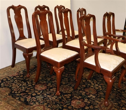 Set of 8 Henkel Harris Virginia Galleries Wild Black Cherry Dining Chairs - Queen Anne Style with Clean White Upholstered Seats - 6 Side Chairs and 2 Captains 