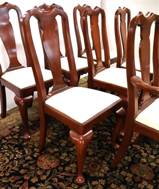 Set of 8 Henkel Harris Virginia Galleries Wild Black Cherry Dining Chairs - Queen Anne Style with Clean White Upholstered Seats - 6 Side Chairs and 2 Captains 