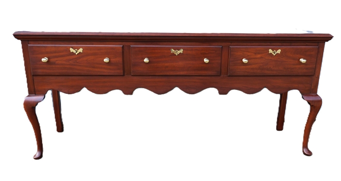 Henkel Harris Jamestown Colony Collection  Wild Black Cherry Sideboard - 3 Dovetailed Drawers - Center Lined with Silver Cloth - Right Drawer with Lift Out Oak Tray  - Paneled Ends - Scalloped...