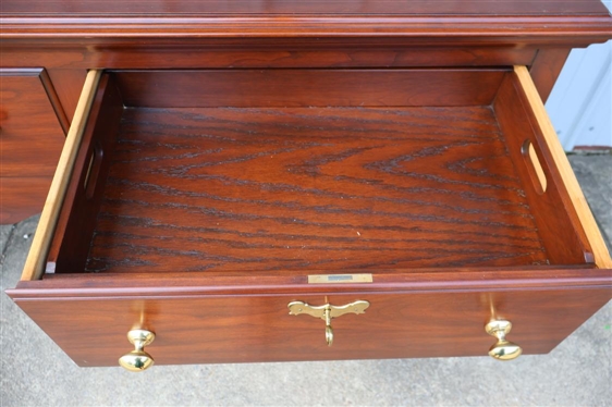 Henkel Harris Jamestown Colony Collection  Wild Black Cherry Sideboard - 3 Dovetailed Drawers - Center Lined with Silver Cloth - Right Drawer with Lift Out Oak Tray  - Paneled Ends - Scalloped...