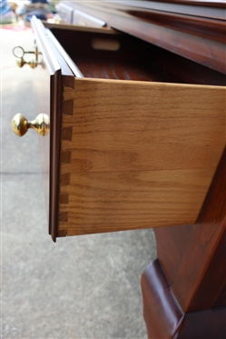 Henkel Harris Jamestown Colony Collection  Wild Black Cherry Sideboard - 3 Dovetailed Drawers - Center Lined with Silver Cloth - Right Drawer with Lift Out Oak Tray  - Paneled Ends - Scalloped...