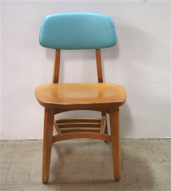 Mid Century Modern Side Chair from Queens Collage - Original Tag and Label on Bottom - Maple with Beautiful Cerulean Vinyl Upholstered Seat Back - Label Says" Library Furniture Mid Century Myrtle...