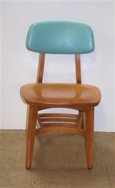 Mid Century Modern Side Chair from Queens Collage - Original Tag and Label on Bottom - Maple with Beautiful Cerulean Vinyl Upholstered Seat Back - Label Says Library Furniture Mid Century Myrtle...