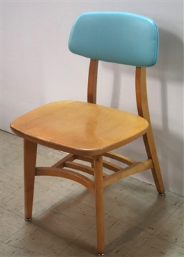 Mid Century Modern Side Chair from Queens Collage - Original Tag and Label on Bottom - Maple with Beautiful Cerulean Vinyl Upholstered Seat Back - Label Says Library Furniture Mid Century Myrtle...