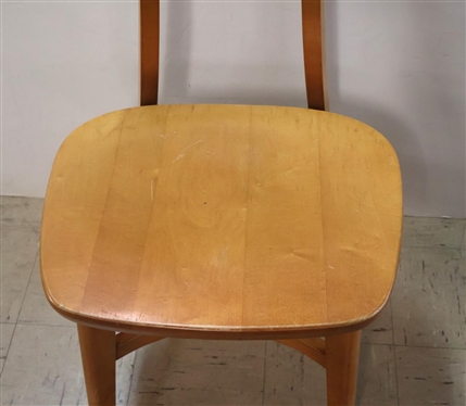 Mid Century Modern Side Chair from Queens Collage - Original Tag and Label on Bottom - Maple with Beautiful Cerulean Vinyl Upholstered Seat Back - Label Says Library Furniture Mid Century Myrtle...