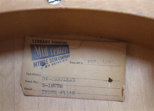 Mid Century Modern Side Chair from Queens Collage - Original Tag and Label on Bottom - Maple with Beautiful Cerulean Vinyl Upholstered Seat Back - Label Says Library Furniture Mid Century Myrtle...