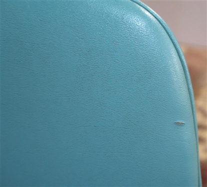 Mid Century Modern Side Chair from Queens Collage - Original Tag and Label on Bottom - Maple with Beautiful Cerulean Vinyl Upholstered Seat Back - Label Says Library Furniture Mid Century Myrtle...