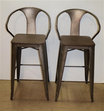 Pair of Modern Bar Stools - Metal Frames with Wood Seats - Gun Metal Gray Finish - 29 1/2" To Seat