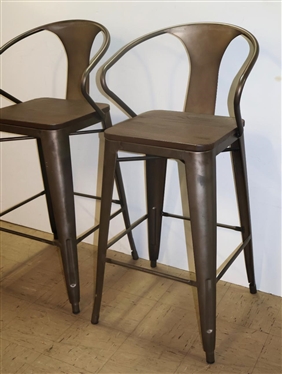 Pair of Modern Bar Stools - Metal Frames with Wood Seats - Gun Metal Gray Finish - 29 1/2 To Seat