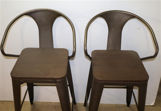 Pair of Modern Bar Stools - Metal Frames with Wood Seats - Gun Metal Gray Finish - 29 1/2 To Seat