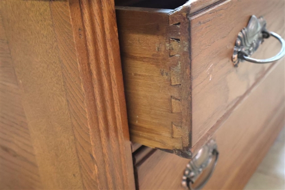 Oak Low Boy Chest - 2 Dovetailed Drawers - Paneled Ends - 21 Tall 43 1/2 by 19 