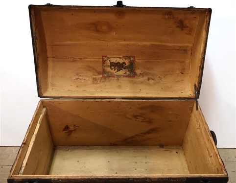 Round Top Trunk with Oak Bands - 1 Leather Strap Handle - Missing Tray 