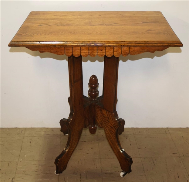 Victorian Oak Pedestal Base Table with Acorn Finials - Decorative Apron - 29 1/2" Tall 28" By 20" 