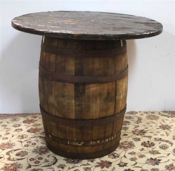 Makers Mark Whiskey Barrel Table - Stencil Label on Top - Original Plug - Distressed Wood Top - 40" Wide -  Originally Paired with Stools in Lot 11 ( See Photo - Stools Sold Separately) 
