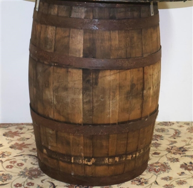 Makers Mark Whiskey Barrel Table - Stencil Label on Top - Original Plug - Distressed Wood Top - 40 Wide -  Originally Paired with Stools in Lot 11 ( See Photo - Stools Sold Separately) 