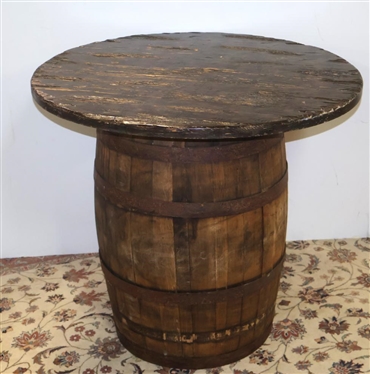 Makers Mark Whiskey Barrel Table - Stencil Label on Top - Original Plug - Distressed Wood Top - 40 Wide -  Originally Paired with Stools in Lot 11 ( See Photo - Stools Sold Separately) 