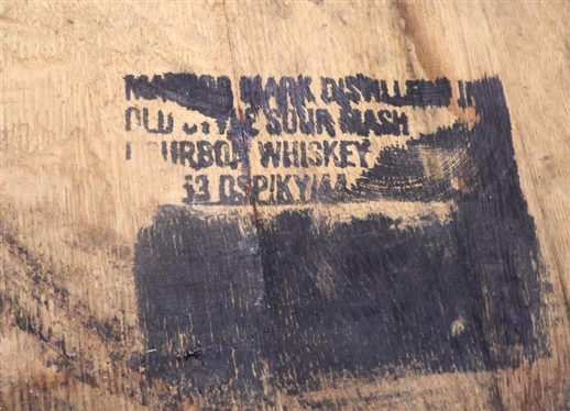 Makers Mark Whiskey Barrel Table - Stencil Label on Top - Original Plug - Distressed Wood Top - 40 Wide -  Originally Paired with Stools in Lot 11 ( See Photo - Stools Sold Separately) 