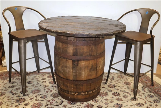 Makers Mark Whiskey Barrel Table - Stencil Label on Top - Original Plug - Distressed Wood Top - 40 Wide -  Originally Paired with Stools in Lot 11 ( See Photo - Stools Sold Separately) 